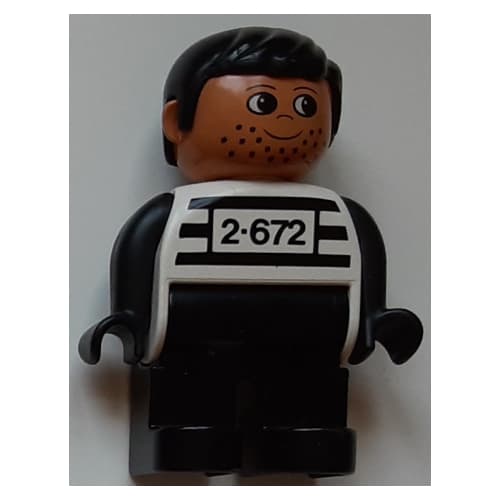 Duplo Figure, Early, with Short Parted Hair Black, Black Legs, Black Arms, Black Stripes and '2-672' Print (Criminal)