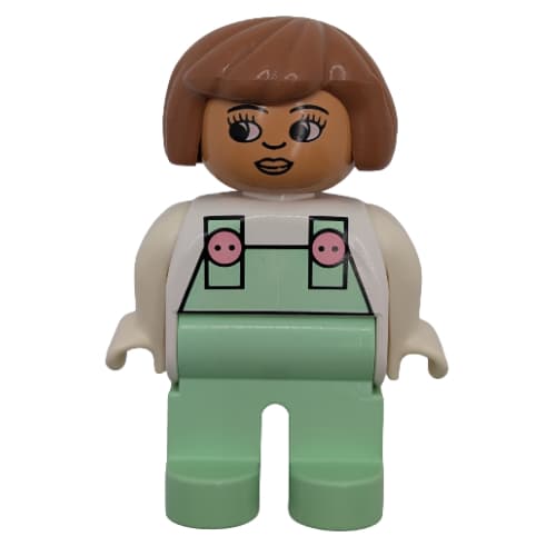 Duplo Figure, Early, Hair Bob Fabuland Brown, Light Green Legs, Light Green Overalls with Pink Buttons Print