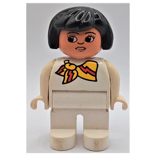Duplo Figure, Early, Hair Bob Black, White Legs, Yellow and Red Scarf Print