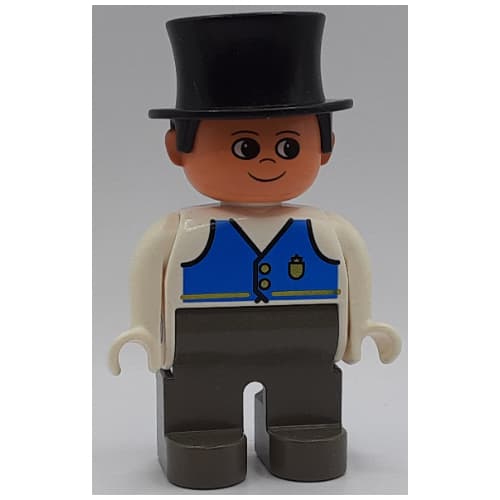 Duplo Figure, Early, Top Hat Black, Dark Gray Legs, Blue Vest Print