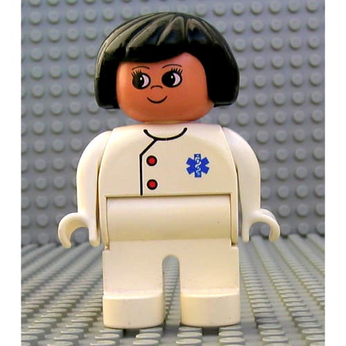 Duplo Figure, Early, Hair Bob Black, White Legs, Two Red Buttons and Blue EMT Star of Life Print