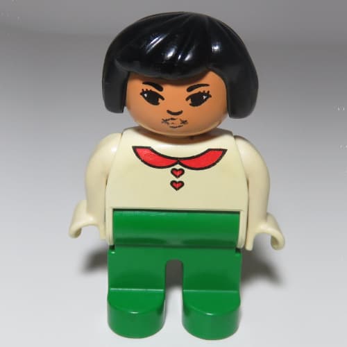 Duplo Figure, Early, Hair Bob Black, Green Legs, Blouse with Red Heart Buttons & Collar, Lips Print (Asian)