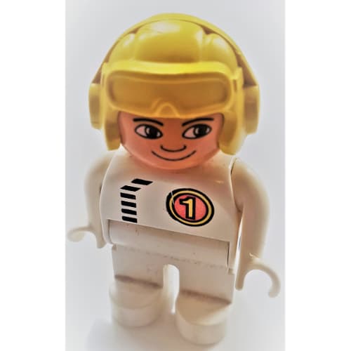 Duplo Figure, Early, Aviator Hat Yellow, White Legs, Black Zipper and '1' Print