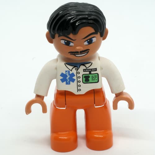 Duplo Figure Side Parted Hair Black, with Orange Legs, with ID Badge and EMT Star of Life, Moustache Print (Medic)