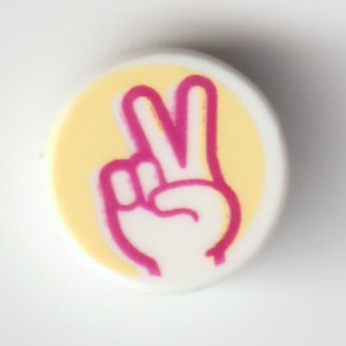 Tile Round 1 x 1 with Magenta/White Hand with Peace Sign Fingers on Bright Light Yellow Background print