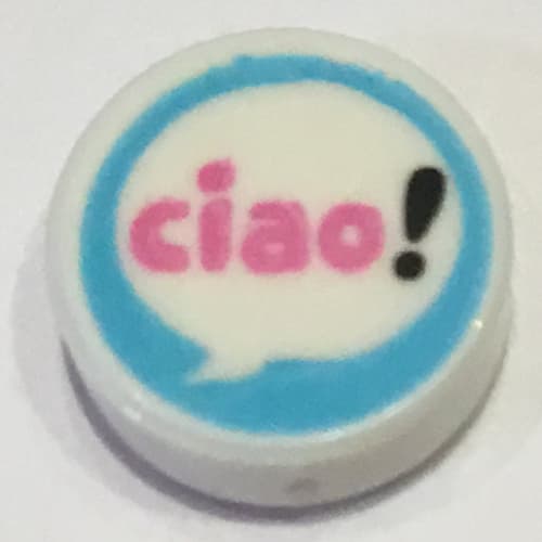 Tile Round 1 x 1 with Speech Bubble, Dark Pink 'ciao!' on Medium Azure Background print