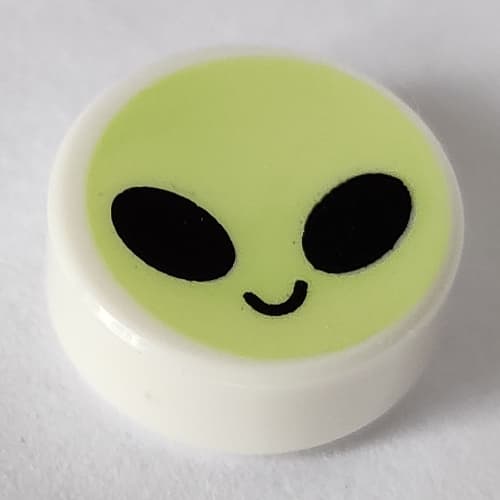 Tile Round 1 x 1 with Yellowish Green Alien Face print