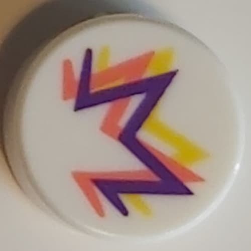 Tile Round 1 x 1 with Dark Purple/Coral/Bright Light Orange 'M' print