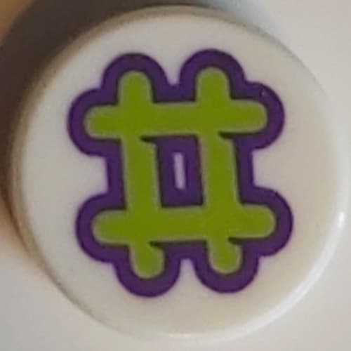 Tile Round 1 x 1 with Lime/Dark Purple '#'/Hashtag print