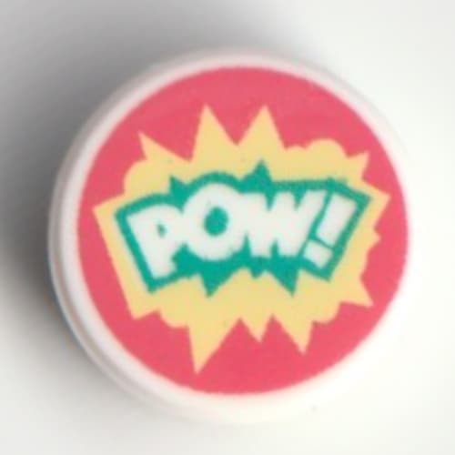 Tile Round 1 x 1 with 'POW', Dark Turquoise/Bright Light Yellow Outline on Coral Background print