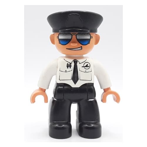 Duplo Figure with Police Style Hat Black, with White Top with Airplane Logo and Black Tie, Sunglasses, Black Legs