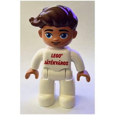 Duplo Figure with Hair Swept Right Reddish Brown, with White Legs, 'LEGO Játékváros' / LEGO Logo Print