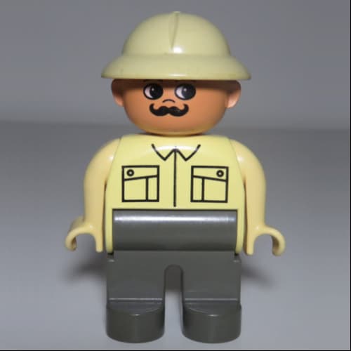 Duplo Figure, Early, Pith Helmet Tan, Dark Gray Legs, Collar and Patch Pockets, Moustache Print