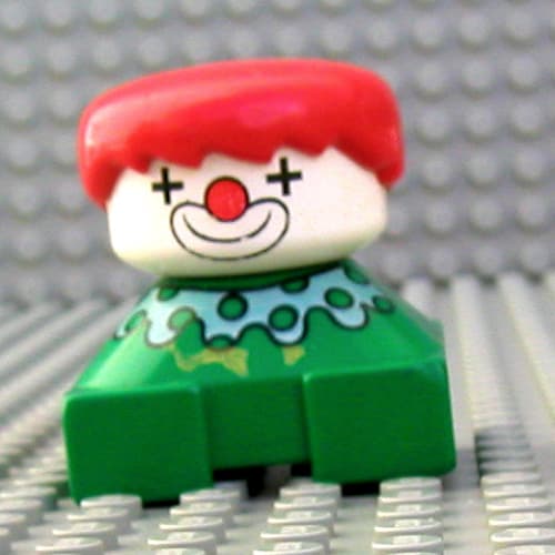 Duplo 2 x 2 x 2 Figure Brick, Spiky Bangs, Red Hair, Clown Make-up, Yellow Collar with Dots Print