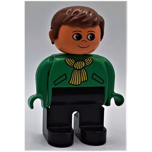 Duplo Figure, Early, with Short Parted Hair Brown, Black Legs, Yellow Scarf Print