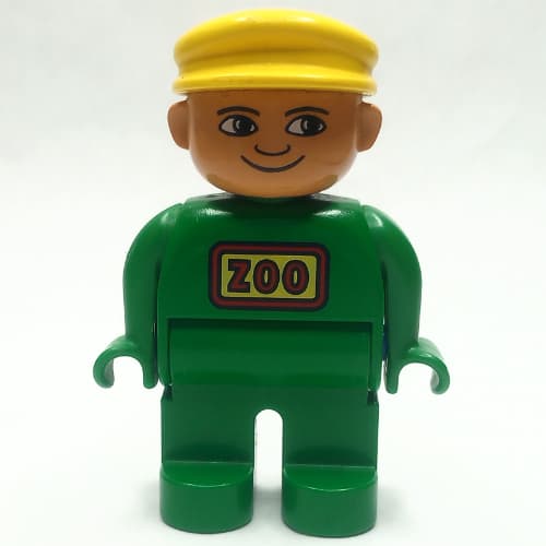 Duplo Figure, Early, with Flat Cap Yellow, Green Legs, 'ZOO' Print (Zoo Keeper)