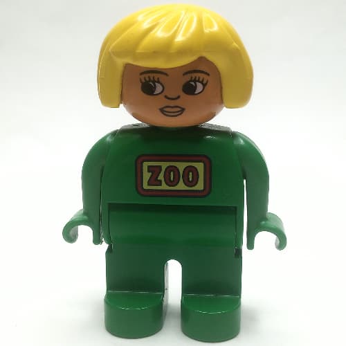 Duplo Figure, Early, Hair Bob Yellow, Green Legs, Red 'ZOO' Logo Print
