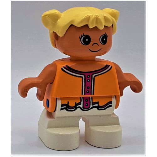Duplo Figure, Early Child, with Pigtails Light Yellow, White Legs, Dark Pink Collar and Buttons Print