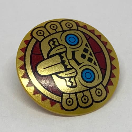 Shield Round Bowed with Aztec Jaguar Face with Dark Azure Eyes and Tongue Sticking Out Print