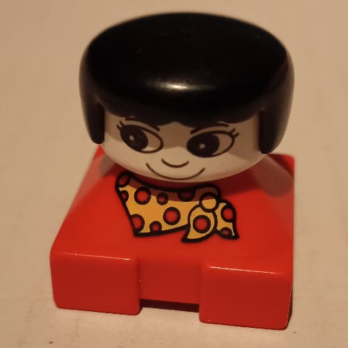 Duplo 2 x 2 x 2 Figure Brick, Rounded Bangs, White Head, Black Hair, Yellow and Red Spotted Scarf Print