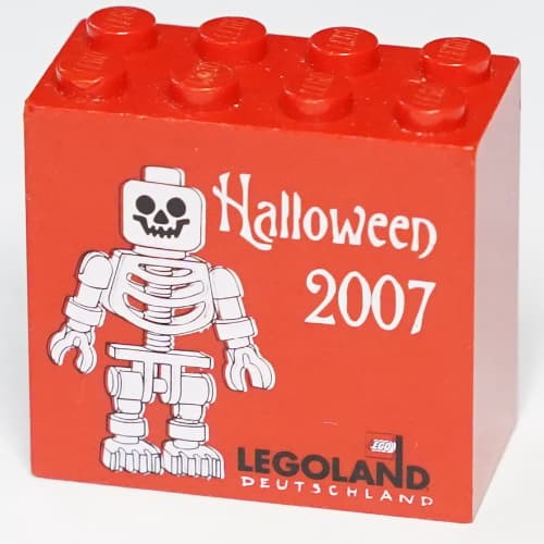 Brick 2 x 4 x 3 with 'LEGOLAND Deutschland Halloween 2007', Skeleton Minifig Print