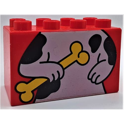 Duplo Brick 2 x 4 x 2 with White Dog, Black Spots, Top Half Holding Bone Print