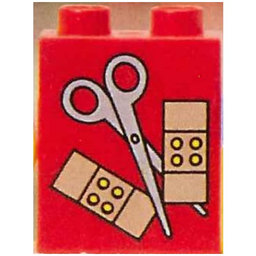 Duplo Brick 1 x 2 x 2 with Scissors and Bandaids Print