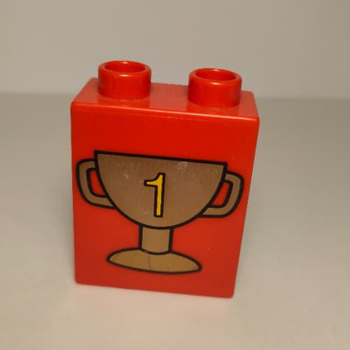 Duplo Brick 1 x 2 x 2 with Trophy Cup Number 1, Dark Gold Print