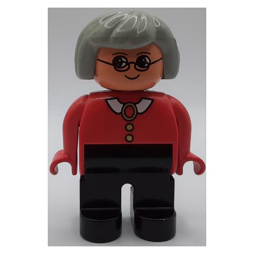 Duplo Figure, Early, Hair Bob Light Gray, Black Legs, White Collar and Buttons, Glasses Print