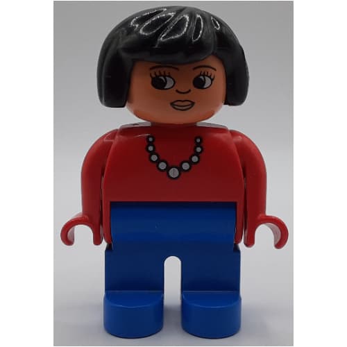 Duplo Figure, Early, Hair Bob Black, Blue Legs, White Bead Necklace Print