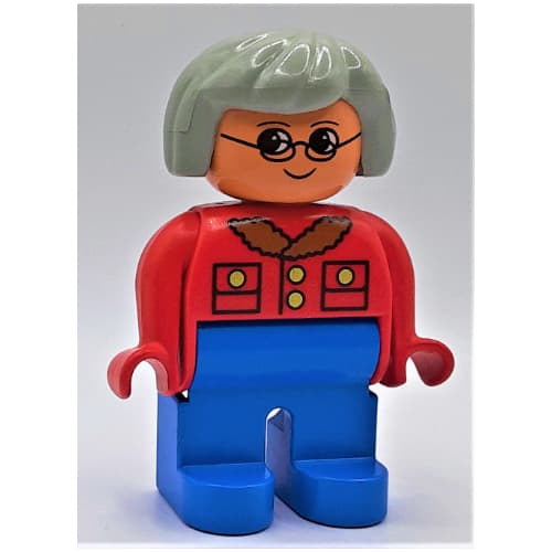 Duplo Figure, Early, Hair Bob Light Gray, Blue Legs, Jacket with Pockets and Collar, Glasses Print