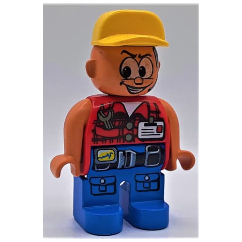 Duplo Figure, Early, Cap Yellow, Blue Legs, Flannel Shirt with Wrench in Pocket, ID Badge with Belt, Headset Print (Action Wheeler)