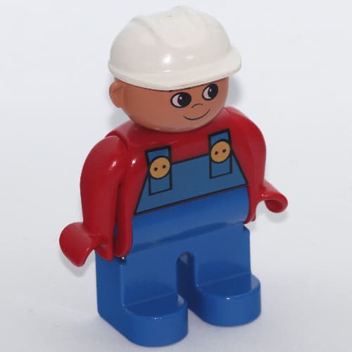 Duplo Figure, Early, Hard Hat White, Blue Legs, with Blue Overalls, Turned Up Nose Print