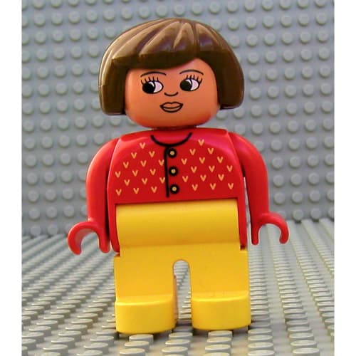 Duplo Figure, Early, Hair Bob Brown, Yellow Legs, Yellow 'V's, and Nose Pointing Down Print