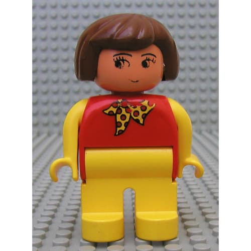 Duplo Figure, Early, Hair Bob Brown, Yellow Legs, Yellow Arms, Yellow Scarf with Red Dots, No White in Eyes Print