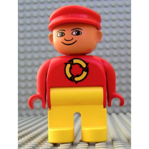 Duplo Figure, Early, with Flat Cap Red, Yellow Legs, Yellow Recycle Logo, Turned Down Nose Print