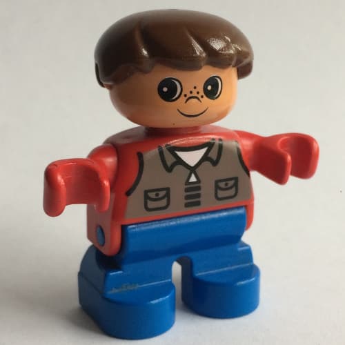 Duplo Figure, Early Child, Hair Swept Left Brown, Blue Legs, Dark Gray Shirt Print