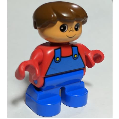 Duplo Figure, Early Child, Hair Swept Left Brown, Blue Legs, Red Top with Blue Overalls Print