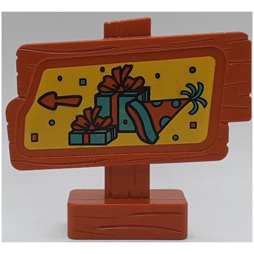 Duplo Sign, Wood Grain with Two Gifts / Presents, Party Hat, and Arrow Print