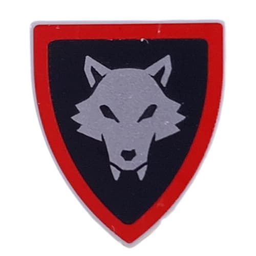 Shield Triangular with Silver Wolf on Black Background, Red Border Print