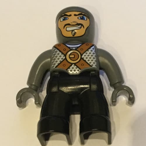 Duplo Figure with Rounded Head with Black Legs, Dark Bluish Gray Chest with Brown Belts, Dark Bluish Gray Arms, Dark Bluish Gray Hands