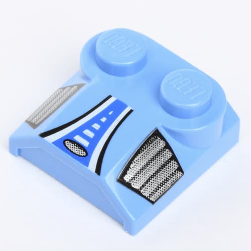 Brick Curved 2 x 2 x 2/3 Two Studs and Lip End with Blue/White Stripe and Silver Side Grills Print