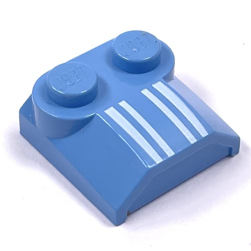 Brick Curved 2 x 2 x 2/3 Two Studs and Lip End with Four White Lines Print