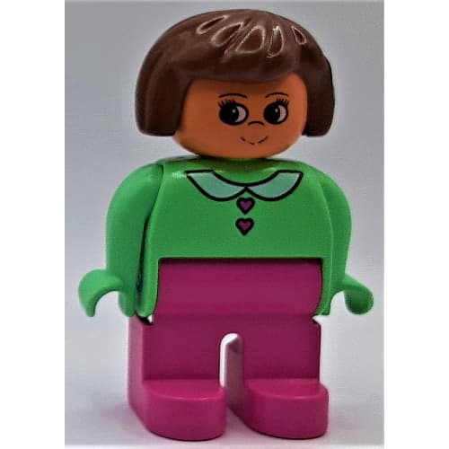 Duplo Figure, Early, Hair Bob Brown, Medium Dark Pink Legs, White Collar and Heart Buttons Print