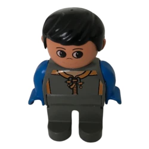 Duplo Figure, Early, with Short Parted Hair Black, Dark Gray Legs, Blue Arms, Shirt Print