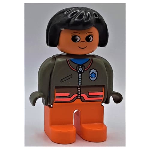 Duplo Figure, Early, Hair Bob Black, Orange Legs, Jacket with Zipper and EMT Star of Life Badge Print