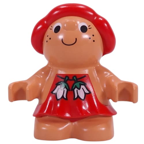 Duplo Figure Little Forest Friend Female, Red Dress with Two White Flowers Print (Sugar Strawberry)