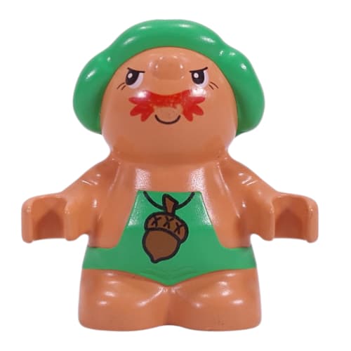Duplo Figure Little Forest Friend, Male, Green Overalls with Acorn Necklace Print (Grumpy Toadstool)