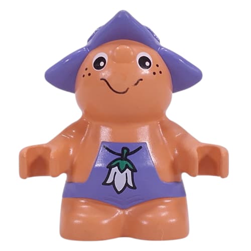 Duplo Figure Little Forest Friend, Male, Medium Violet Overalls with White Flower Necklace Print (Toot Bluebell)