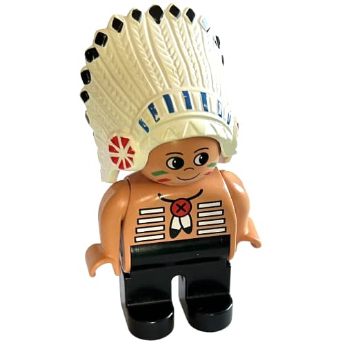 Duplo Figure, Early, Feather Headdress White, Brown Legs, Feather Necklace, Facepaint Print (Native American Chief)